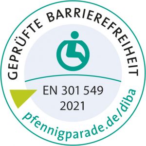 Siegel der Pfennigparade mit dem Text "geprüfte Barrierefreiheit"