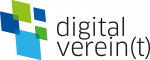 Logo von Digital verein(t) bestehend aus Schriftzug und grün- und blaufarbigen Rauten. 